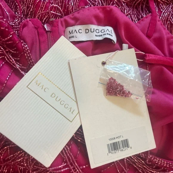Mac Duggal 10006 Slim Strap Beaded Fringe Mini Slip Dress Sz Large NWT Hot Pink - Picture 4 of 4